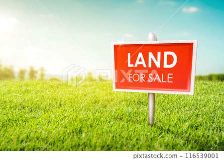 Land plot management - real estate concept with a vacant land on a green field available for building construction and housing subdivision in a residential area for sale, rent. 116539001