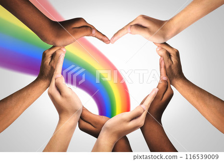 Inspirational idea unity and creative team for creativity thinking together as a diverse group of people together joining hands into the shape of a heart as an ideas concept. 116539009