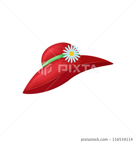 Hat. A large women s hat with a brim. A red lady s hat with a flower. Vector illustration isolated on a white background. Hat. A large women s hat with a brim. A red lady s hat with a flower. Vector illustration isolated on a white background. 116539114