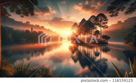 湖邊日出，晨霧繚繞 116539123