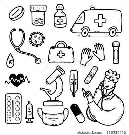 Vector doodle illustration on topic of health and medicine. collection of hand drawn elements. 116539250