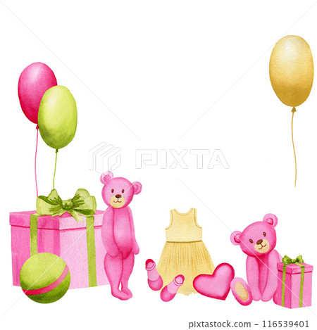 Pink teddy bears standing with a ball, dress, heart, gift boxes, shoes, balloons. Watercolor cute baby hand drawn illustration for cards, postcards Pink teddy bears standing with a ball, dress, heart, gift boxes, shoes, balloons. Watercolor cute baby hand drawn illustration for cards, postcards 116539401