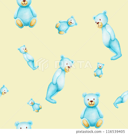 Seamless watercolor pattern with blue toy bears for boys. Handmade watercolor illustration on yellow background for textile, wallpaper, packaging 116539405