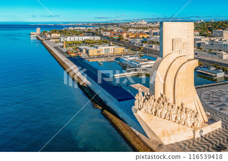 Monument to Discoveries or Padrao dos Descobrimentos, Age of Exploration, shaped as ship with statues of Prince Henry the Navigator, great people of Portuguese seafarers history and Tagus river bank 116539418