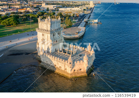 Drone view of Belem tower and its surroundings, Lisbon, Portugal at summer day. Medieval fortification on Tagus river in late Gothic or Manueline style, UNESCO world heritage site, Age of Discoveries 116539419