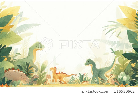 Jungle scrapbook page with cute dinosaur in corner, Forest with dinosaurs and foliage, for kids. 116539662