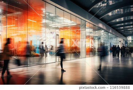 Motion blur effect, busy shopping mall scene, diverse people with colorful shopping bags 116539888