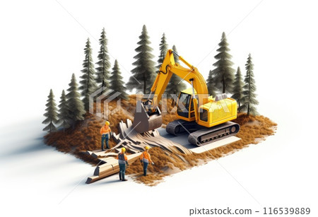 land development concept backhoe clearing in forest isometric and enginneer working with worker , Minimalist 116539889