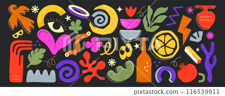 Colorful abstract minimalist geometric shapes, freeform figures or organic nature simple summer objects 116539911