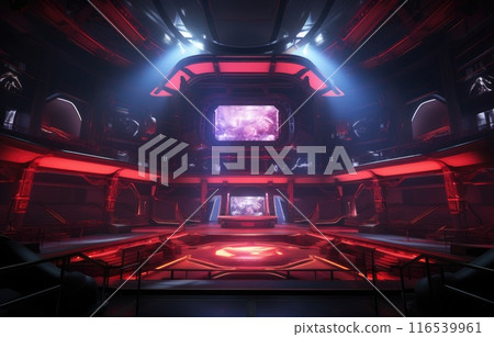 Stage show in E sport arena, Glow scenery with a central gaming stage, audience seating, dynamic lighting Stage show in E sport arena, Glow scenery with a central gaming stage, audience seating, dynamic lighting 116539961