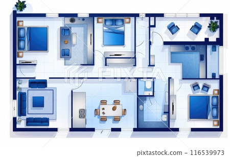 Architectural floor plan of a house. Drawing of the cottage with furniture arrangement. One-storey building isolated on white background Architectural floor plan of a house. Drawing of the cottage with furniture arrangement. One-storey building isolated on white background 116539973