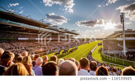 Large crowd watching horse race at Derby event on sunny day. Grandstands are packed with spectators, horses and jockeys race down green track 116539985
