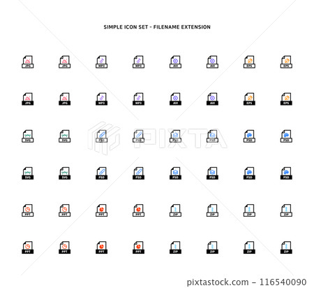 Collection of document type icon according to file extension Collection of document type icon according to file extension 116540090
