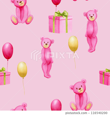 Seamless simple watercolor pattern with pink toy bears, gift boxes and yellow and pink balloons. Handmade watercolor illustration on pink background Seamless simple watercolor pattern with pink toy bears, gift boxes and yellow and pink balloons. Handmade watercolor illustration on pink background 116540200