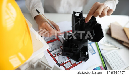 Female architect working at new house project Female architect working at new house project 116540271
