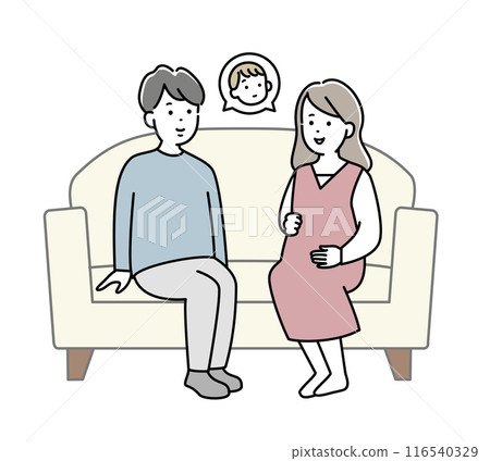 懷孕的妻子和丈夫坐在沙發上的插畫素材 116540329
