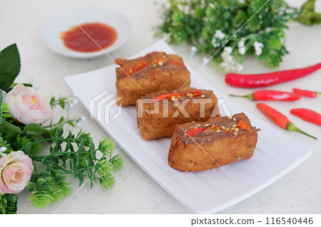 Spicy fried tofu filled with meat Spicy fried tofu filled with meat 116540446