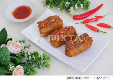 Spicy fried tofu filled with meat Spicy fried tofu filled with meat 116540449