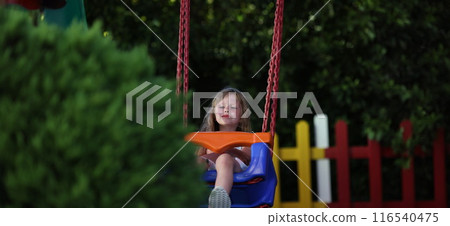 Little smiling girl riding swing on playground outdoors 116540475