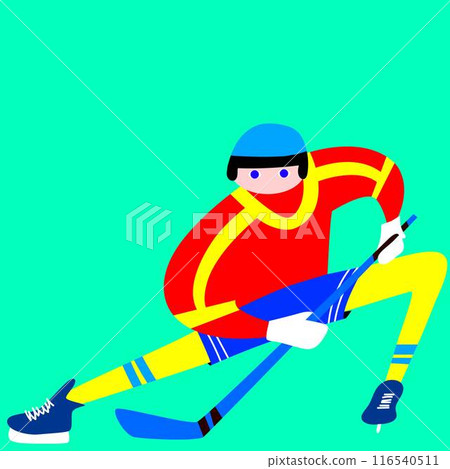Abstract cartoon style illustration of hockey player with elongated limbs in red, yellow, and blue attire, holding hockey stick on bright turquoise background 116540511