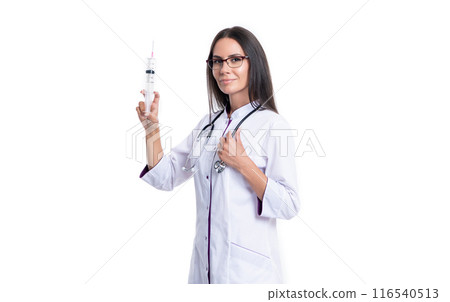 medical doctor do injection with syringe isolated on white background. doctor do medical injection 116540513