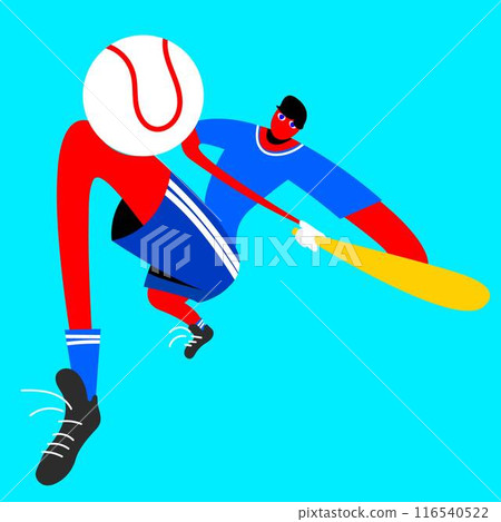 Abstract vector illustration of cartoon style baseball player with elongated limbs in blue and red attire, swinging bat at ball on blue background. Abstract vector illustration of cartoon style baseball player with elongated limbs in blue and red attire, swinging bat at ball on blue background. 116540522