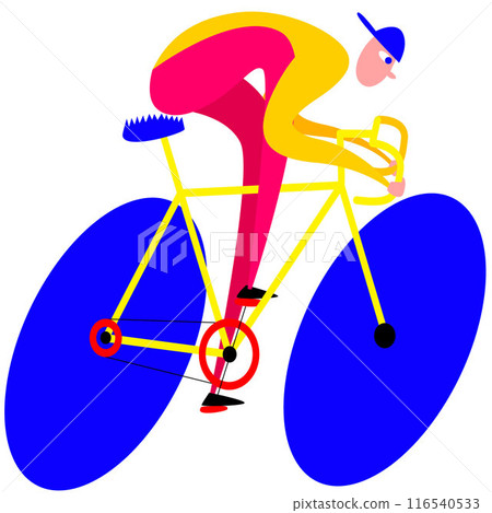 Cartoon style vector illustration of cyclist in yellow and pink attire riding blue bicycle with oversized red wheels, on white background, emphasizing speed and motion. 116540533