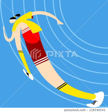 Abstract vector illustration in cartoon style of competitive runner with elongated limbs in motion, sprinting on blue track with curved lines. Speed 116540541