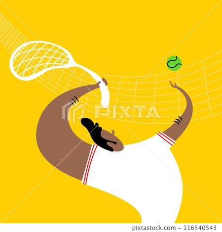 Cartoon style vector illustration of male tennis player with exaggerated long arms hitting green tennis ball on yellow background. Active lifestyle. Cartoon style vector illustration of male tennis player with exaggerated long arms hitting green tennis ball on yellow background. Active lifestyle. 116540543