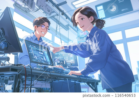 Male and female engineers working energetically in a factory_Precise illustration 3 116540653