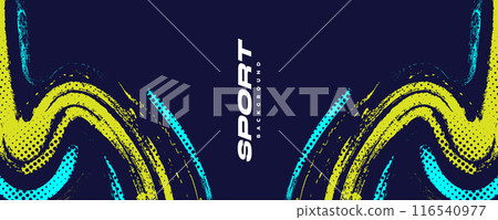 Abstract Sport Background with Cyan and Yellow Brush Texture and Halftone Effect. Grunge Background 116540977