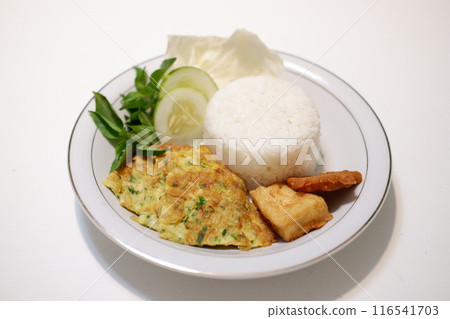 typical Javanese food, rice with scrambled eggs and vegetables typical Javanese food, rice with scrambled eggs and vegetables 116541703