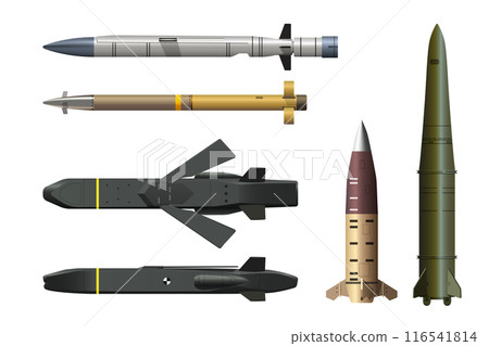 Isolated missile drawing. 3d industrial set of ballistic and cruise missile. Realistic strategic weapon art. War technology. Aircraft military bomb Isolated missile drawing. 3d industrial set of ballistic and cruise missile. Realistic strategic weapon art. War technology. Aircraft military bomb 116541814