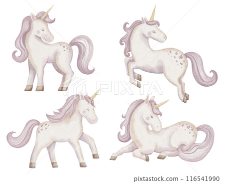 Unicorn watercolor illustration. Drawing of cute little Horse with horn for Baby shower greeting cards or childish birthday invitation. Pony for girls nursery wall art. Pastel Fantasy creature for kid 116541990