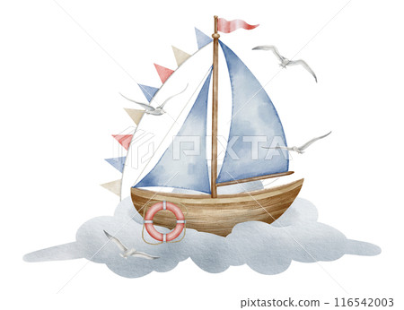 Sailboat on cloud watercolor illustration. Drawing of sailing ship with garland in pastel colors for Baby shower design on isolated background. Sketch of Boat or Yacht with pennant for childish design Sailboat on cloud watercolor illustration. Drawing of sailing ship with garland in pastel colors for Baby shower design on isolated background. Sketch of Boat or Yacht with pennant for childish design 116542003