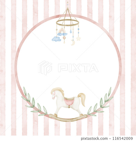 Watercolor Frame for Baby shower cards. Illustration for girl birthday in pastel pink colors. Circular Template with retro rocking horse and plants on striped background. Border for Newborn invitation 116542009