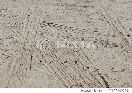 Detailed view of tire tracks imprinted on a sandy surface. 116542016