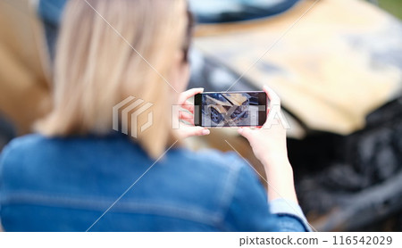 Woman insurance broker making photo of burnt car Woman insurance broker making photo of burnt car 116542029