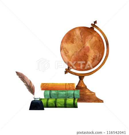 Vintage books, writing supplies and antique earth globe composition. Hand painted watercolor illustration in warm tones for Scrapbooking, stickers, travel and advertising, retro flyers and postcards Vintage books, writing supplies and antique earth globe composition. Hand painted watercolor illustration in warm tones for Scrapbooking, stickers, travel and advertising, retro flyers and postcards 116542041
