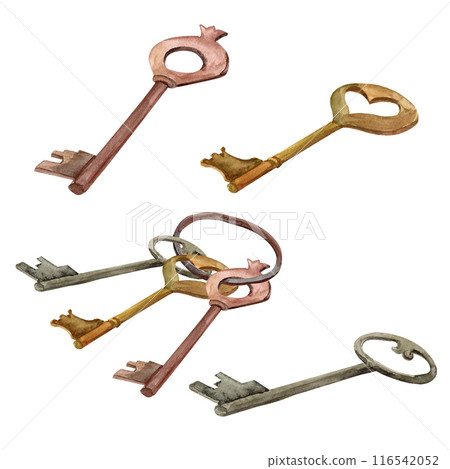 Antique worn metal key Victorian era hand-painted in vintage style watercolor object isolated on a white background. Interior decor and wall art on retro themes, travel, libraries, books, museums Antique worn metal key Victorian era hand-painted in vintage style watercolor object isolated on a white background. Interior decor and wall art on retro themes, travel, libraries, books, museums 116542052