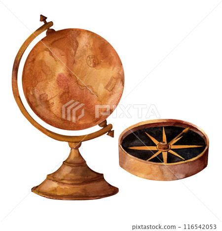 Vintage navigation devices, compass, globe, vintage envelopes,watercolor object isolated on a white background set in warm colors for printing on stickers, flyers, scrapbooking, travel advertising Vintage navigation devices, compass, globe, vintage envelopes,watercolor object isolated on a white background set in warm colors for printing on stickers, flyers, scrapbooking, travel advertising 116542053
