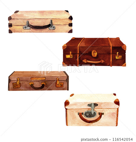 Vintage leather travel bags, luggage for the trip set. Hand painted watercolor illustration in warm tones for Scrapbooking, stickers, travel and advertising, retro flyers and postcards 116542054
