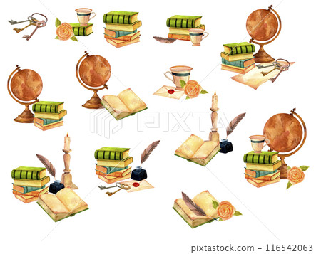 Antique shop, compositions set with a globe and books. Watercolor vintage illustration in warm tones isolated on a white background for scrapbooking, stickers, advertising, retro flyers and postcards Antique shop, compositions set with a globe and books. Watercolor vintage illustration in warm tones isolated on a white background for scrapbooking, stickers, advertising, retro flyers and postcards 116542063