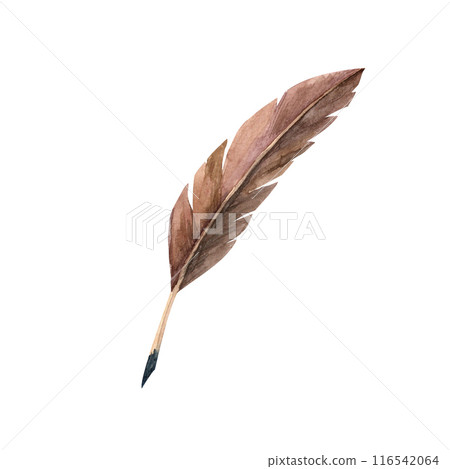 An antique pen for writing with ink. Hand painted watercolor vintage illustration in warm tones isolated on a white background for scrapbooking, stickers, advertising, retro flyers and postcards 116542064