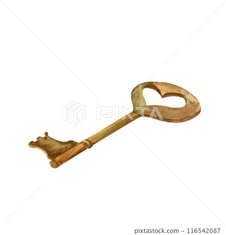 Antique worn metal key Victorian era hand-painted in vintage style watercolor object isolated on a white background. Interior decor and wall art on retro themes, travel, libraries, books, museums Antique worn metal key Victorian era hand-painted in vintage style watercolor object isolated on a white background. Interior decor and wall art on retro themes, travel, libraries, books, museums 116542087