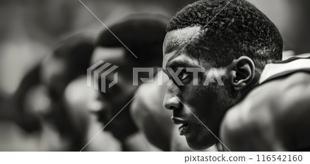 Close up cinematic photo of runners standing preparing to run. Macro shot of sportsmen. Black and white. 116542160