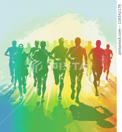 Running group, featuring silhouettes of runners in varying rainbow shades, background filled with vibrant splashes Running group, featuring silhouettes of runners in varying rainbow shades, background filled with vibrant splashes 116542176