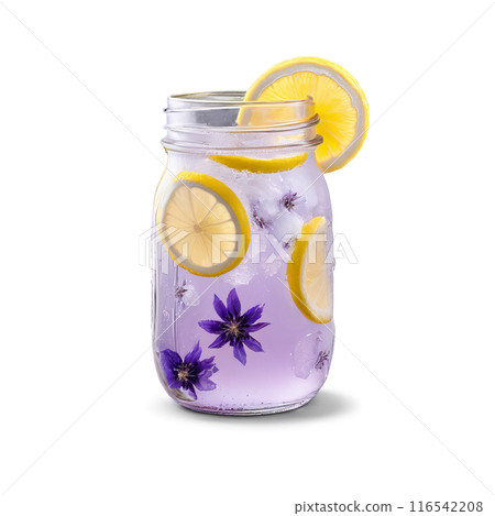 Lavender lemonade with floating flowers ice cubes and sugar rim pale purple liquid served in 116542208