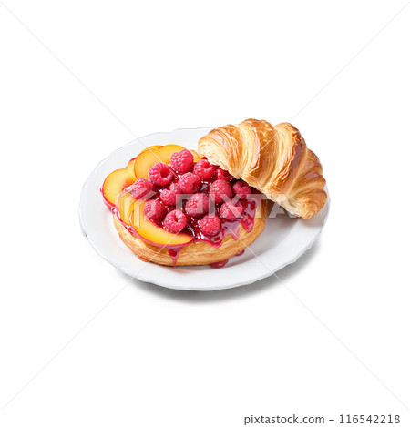 Peach raspberry preserves dollop vibrant and chunky plopping onto a croissant with peach slices and Peach raspberry preserves dollop vibrant and chunky plopping onto a croissant with peach slices and 116542218
