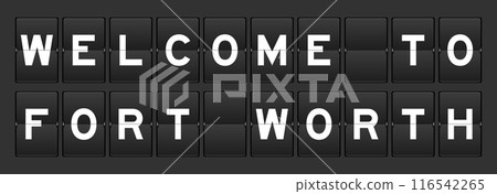 Black color analog flip board with word welcome to fort worth on gray background Black color analog flip board with word welcome to fort worth on gray background 116542265